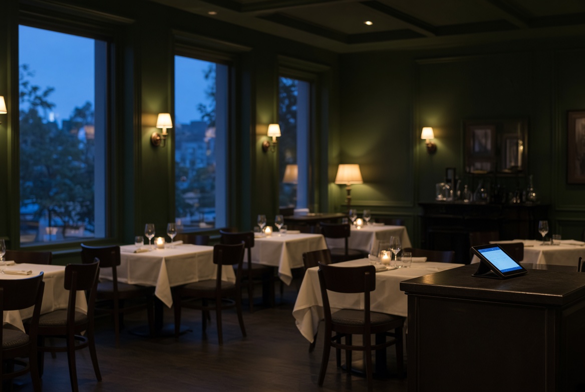 A restaurant dining room at dusk, with set tables and a POS tablet on the counter